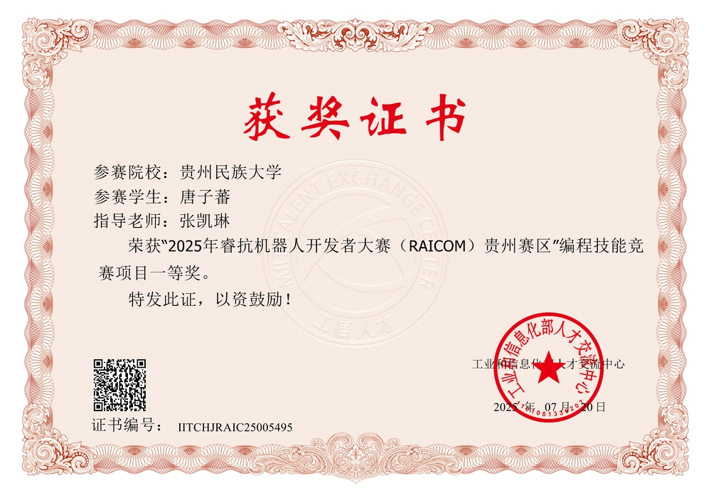 Certificate for 睿抗机器人开发者大赛(省赛一等奖)