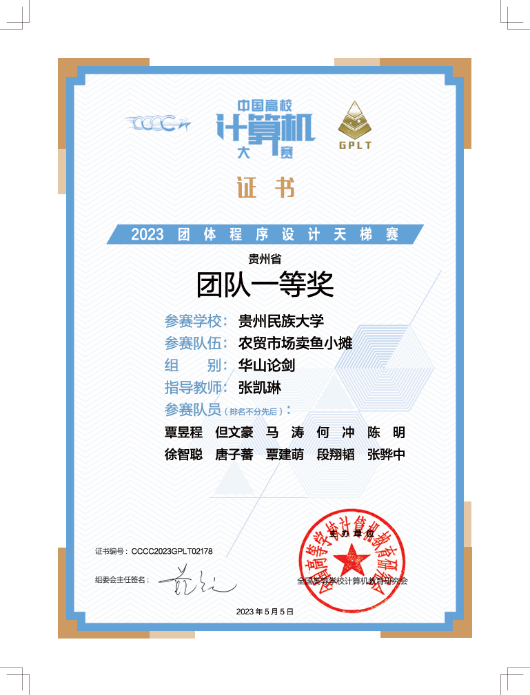 Certificate for 团体程序设计天梯赛(贵州省团队一等奖)